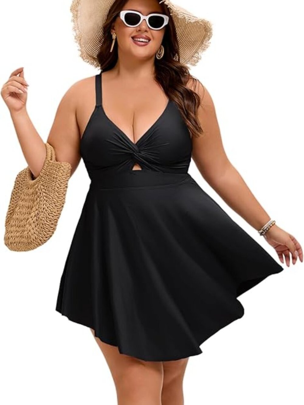 Arolina Plus Size Black Tankini Swimsuit Flowy Swim Dress with Shorts 14W